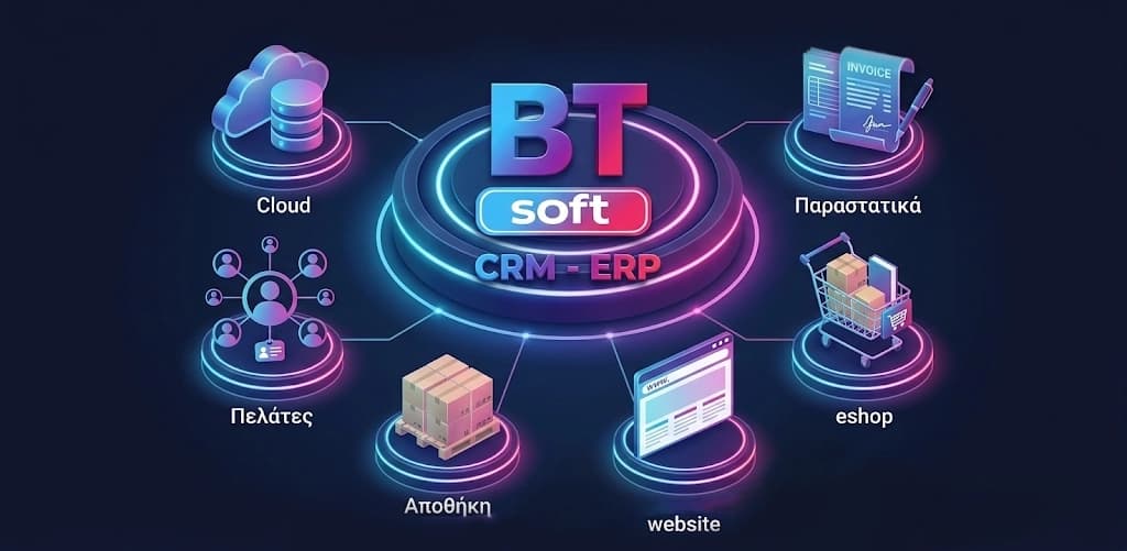 BT Software CRM-Light ERP - ενσωματωμένες λειτουργίες Cloud, Παραστατικά, Eshop, Website, Αποθήκη, Πελάτες